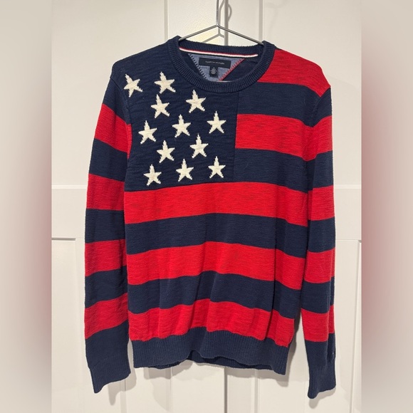 Tommy Hilfiger Men's Navy and Red Striped Crewneck Sweater - Picture 1 of 5